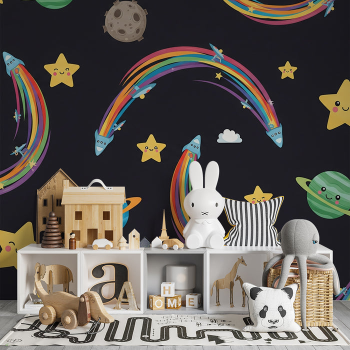 Kinderzimmer Tapete | Bunte Raketen und lächelnde Sterne im Weltraum