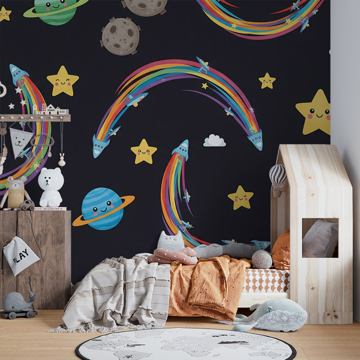 Kinderzimmer Tapete | Bunte Raketen und lächelnde Sterne im Weltraum