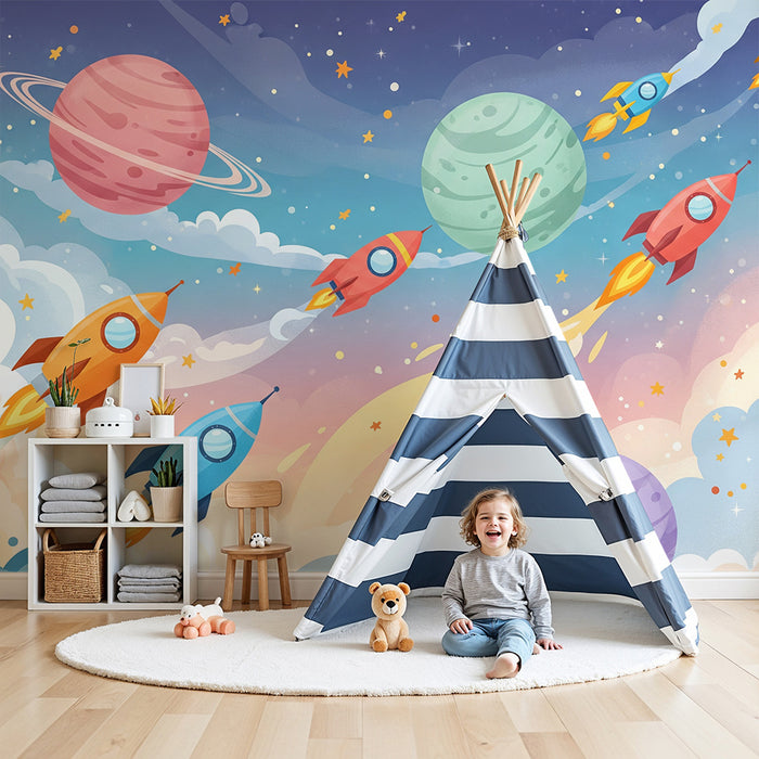 Papier peint chambre enfant | Fusées colorées et planètes dans l'espace étoilé