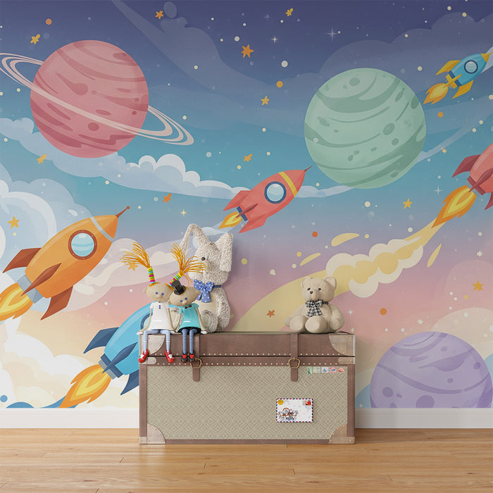 Papier peint chambre enfant | Fusées colorées et planètes dans l'espace étoilé