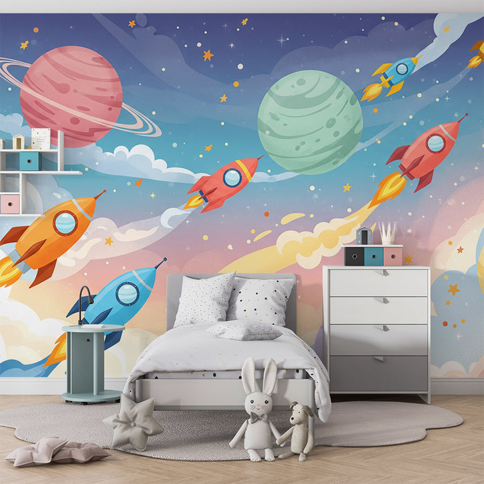 Papier peint chambre enfant | Fusées colorées et planètes dans l'espace étoilé
