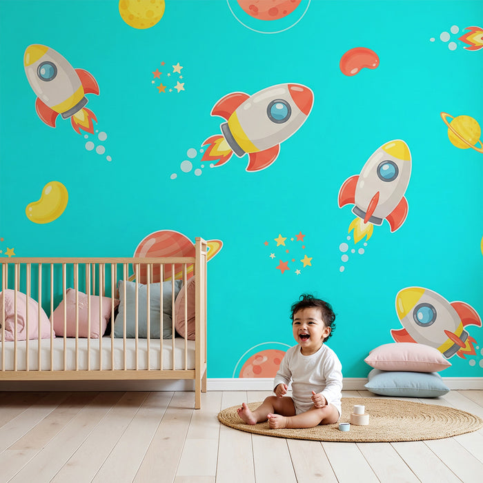 Kids room wallpaper | Colorful rockets and planets in a bright blue sky