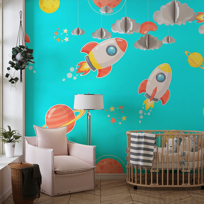 Kids room wallpaper | Colorful rockets and planets in a bright blue sky