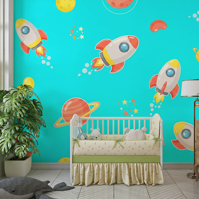Kids room wallpaper | Colorful rockets and planets in a bright blue sky
