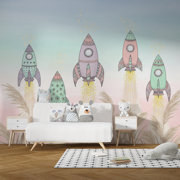 Kids room wallpaper | Colorful rockets soaring in a pastel sky