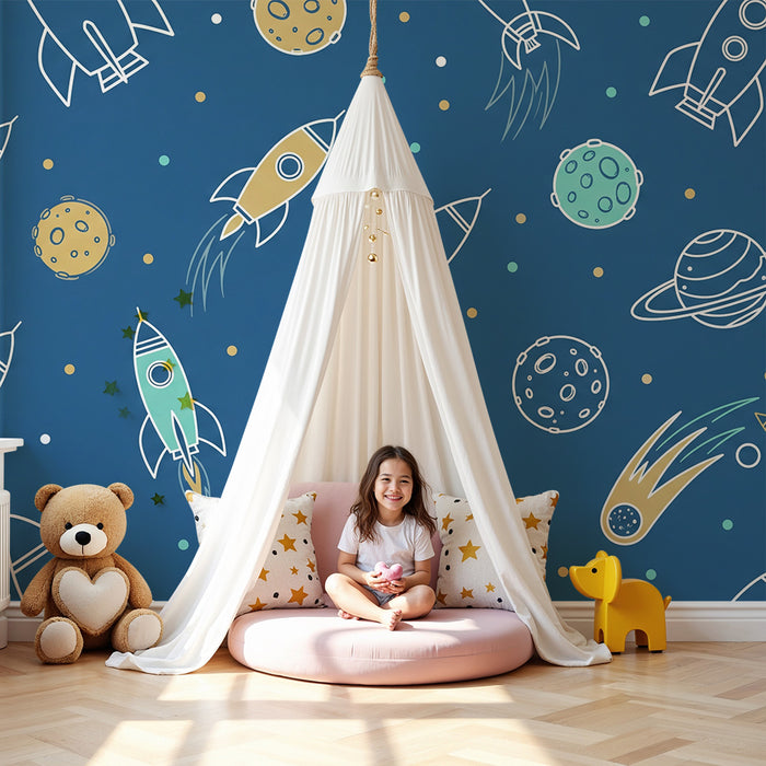 Carta da parati bambini | Razzi e pianeti in un cielo blu