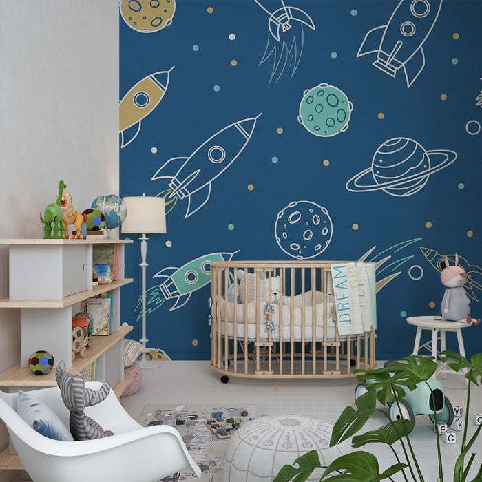 Carta da parati bambini | Razzi e pianeti in un cielo blu