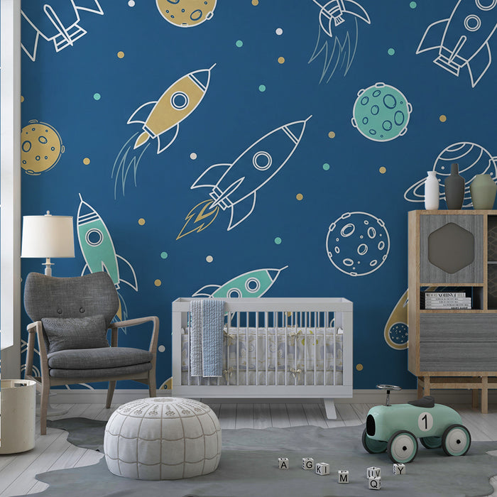 Carta da parati bambini | Razzi e pianeti in un cielo blu