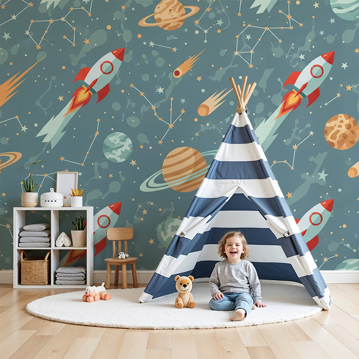 Barntapet | Raketer och planeter i en stjärnbeströdd rymd