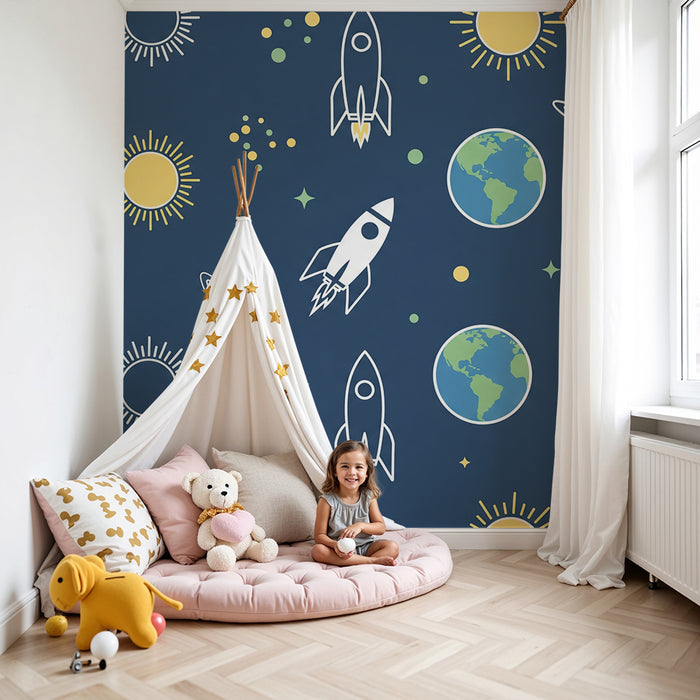 Carta da parati bambini | Razzi e pianeti su sfondo blu stellato