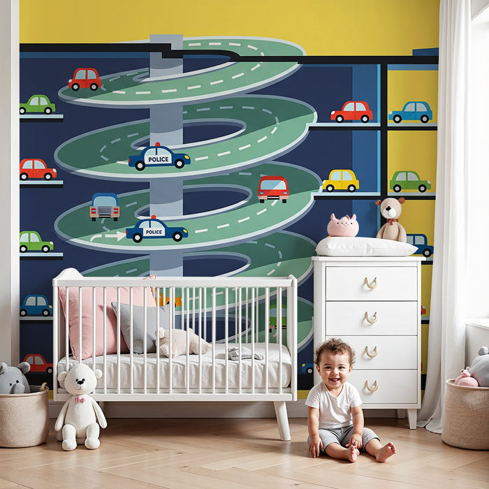 Papel de parede para quarto de criança | Garagem animada com carros coloridos e rampas de estacionamento