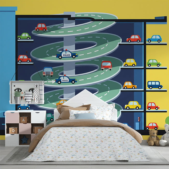 Papel de parede para quarto de criança | Garagem animada com carros coloridos e rampas de estacionamento