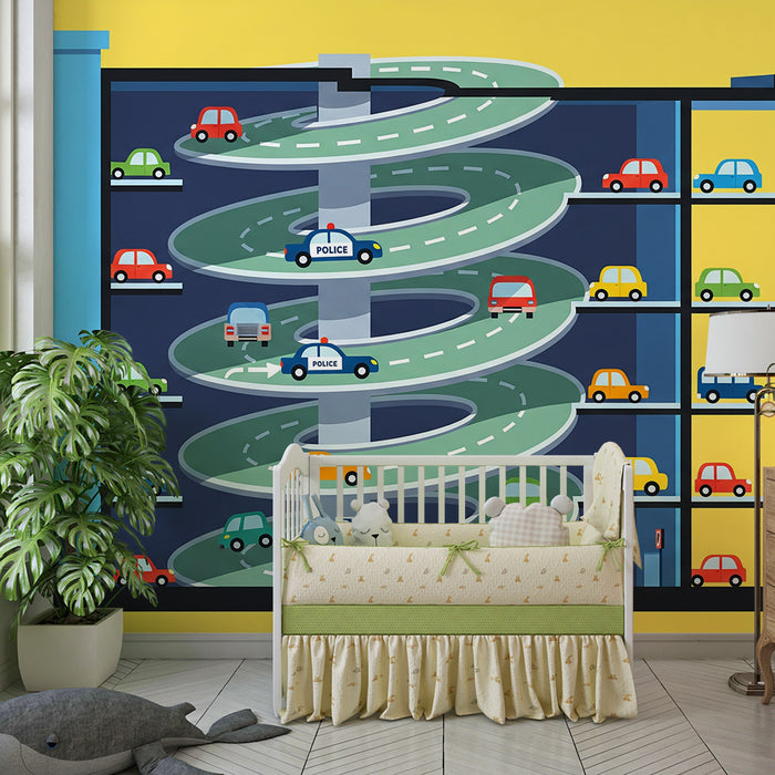 Papel de parede para quarto de criança | Garagem animada com carros coloridos e rampas de estacionamento