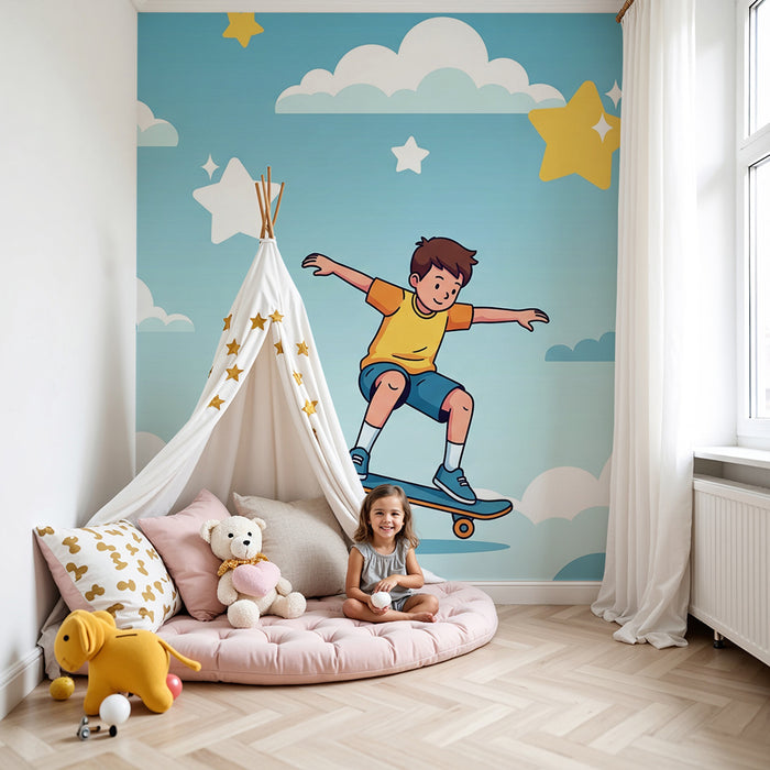 Tapete Kinderzimmer | Junge auf Skateboard in einem Sternenhimmel