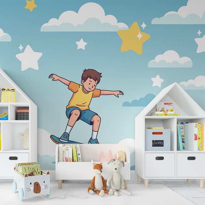 Tapete Kinderzimmer | Junge auf Skateboard in einem Sternenhimmel
