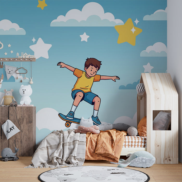 Tapete Kinderzimmer | Junge auf Skateboard in einem Sternenhimmel