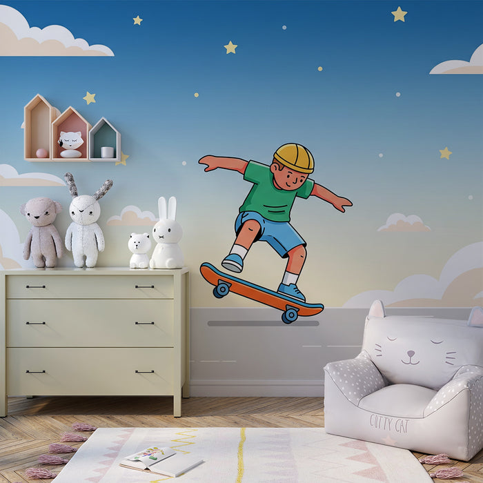 **Barneveggtapet | Gutt på skateboard under stjernehimmel**