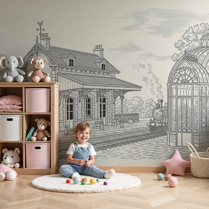Behang voor kinderkamer | Vintage treinstation met locomotief en serre