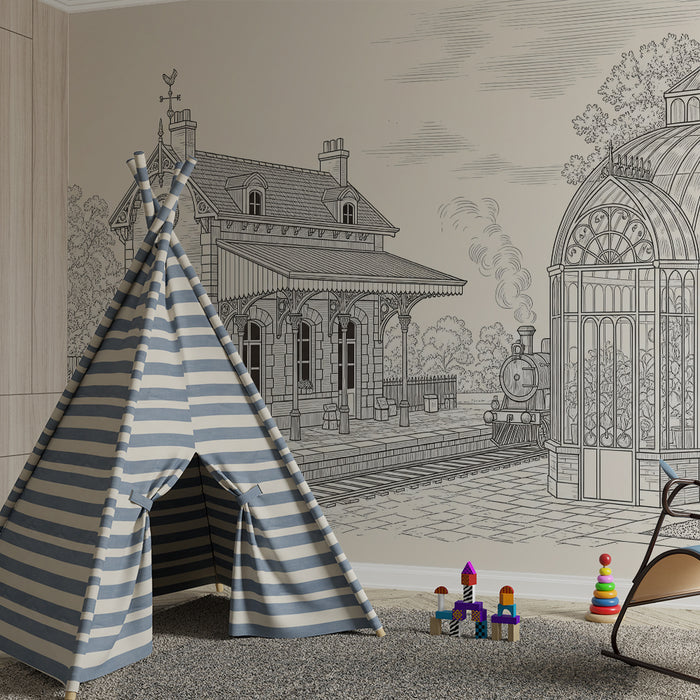 Behang voor kinderkamer | Vintage treinstation met locomotief en serre