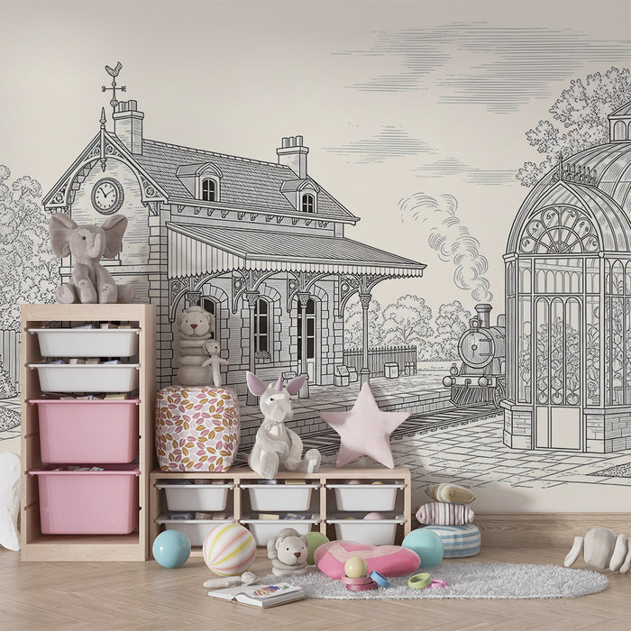 Behang voor kinderkamer | Vintage treinstation met locomotief en serre