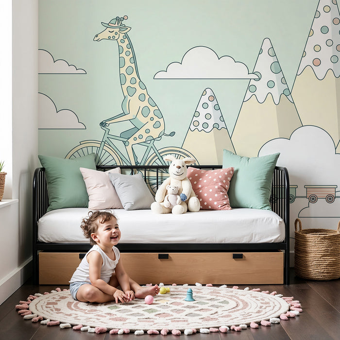 Gyermekszoba tapéta | Zsiráf biciklin egy mesés tájban