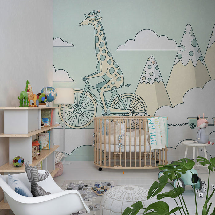 Gyermekszoba tapéta | Zsiráf biciklin egy mesés tájban