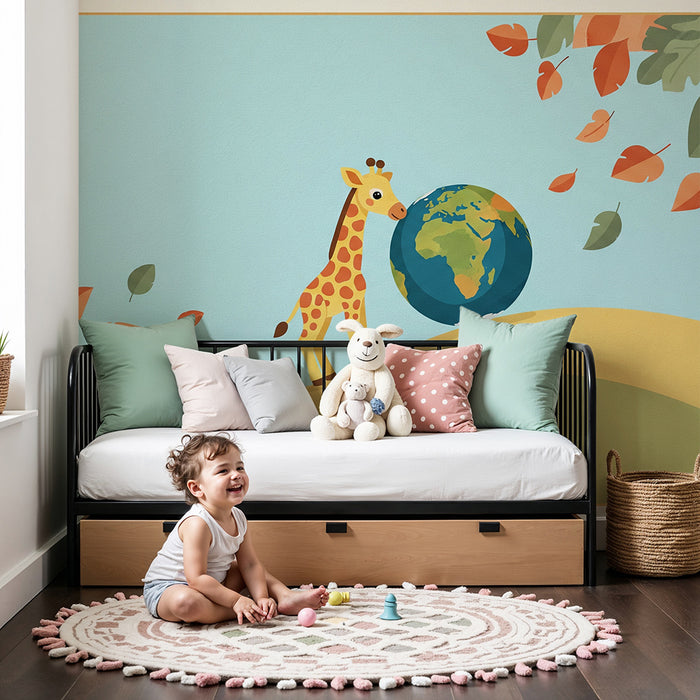 Kinderzimmer Tapete | Freundliche Giraffe und Globus in einer bunten Landschaft