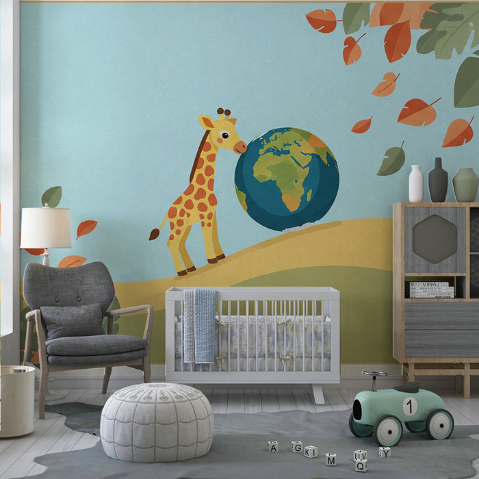 Kinderzimmer Tapete | Freundliche Giraffe und Globus in einer bunten Landschaft