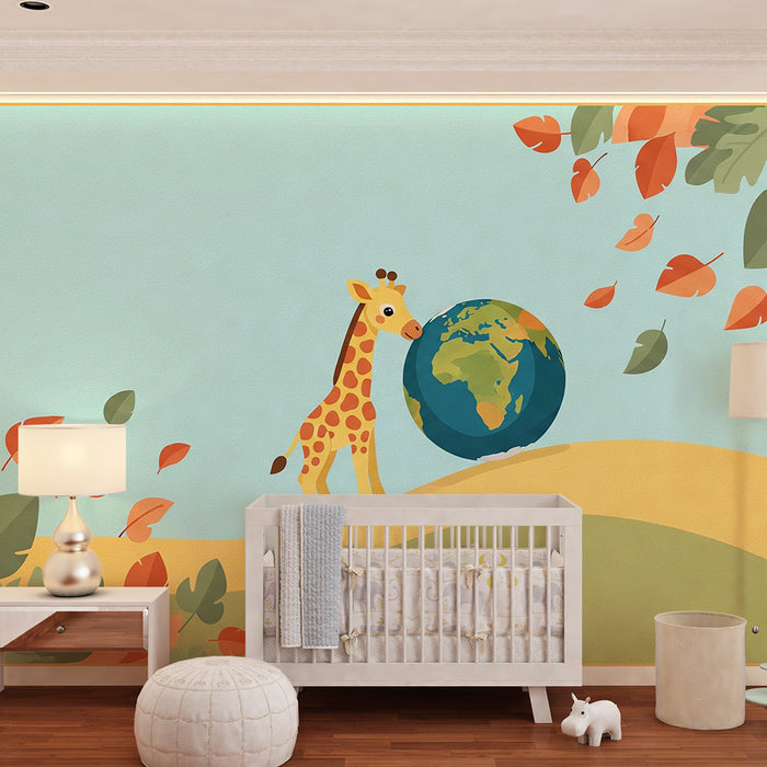 Kinderzimmer Tapete | Freundliche Giraffe und Globus in einer bunten Landschaft
