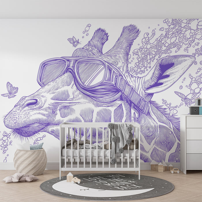 Papel de parede criança | Girafa divertida com óculos e balões