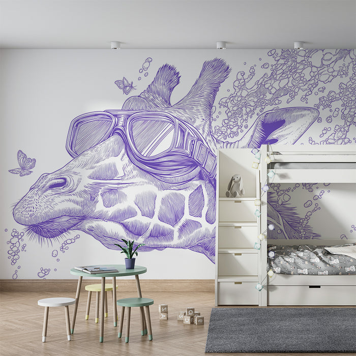 Papel de parede criança | Girafa divertida com óculos e balões
