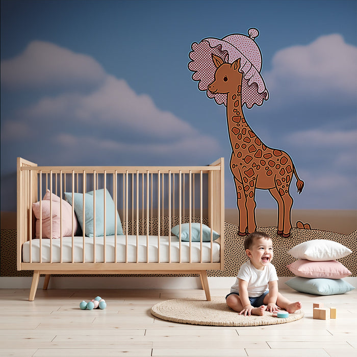 Kids room wallpaper | Funny giraffe with a hat on a sky background