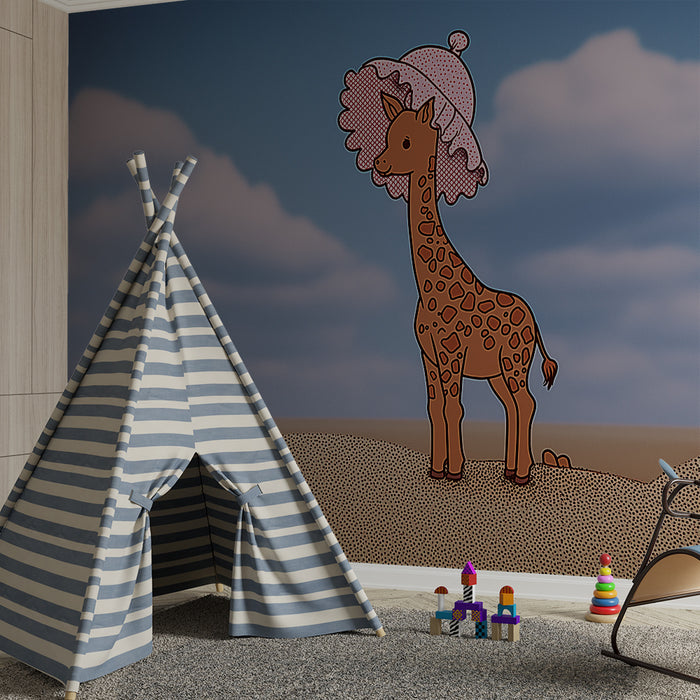 Kids room wallpaper | Funny giraffe with a hat on a sky background