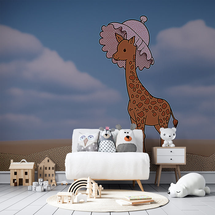 Kids room wallpaper | Funny giraffe with a hat on a sky background