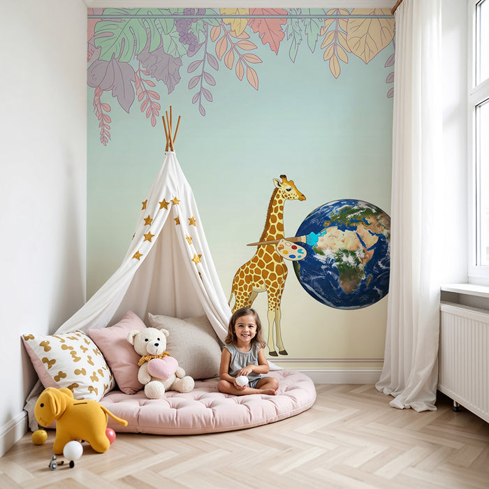 Tapet barnerom | Kunstnerisk giraff og jordklode i en blomsterdekor