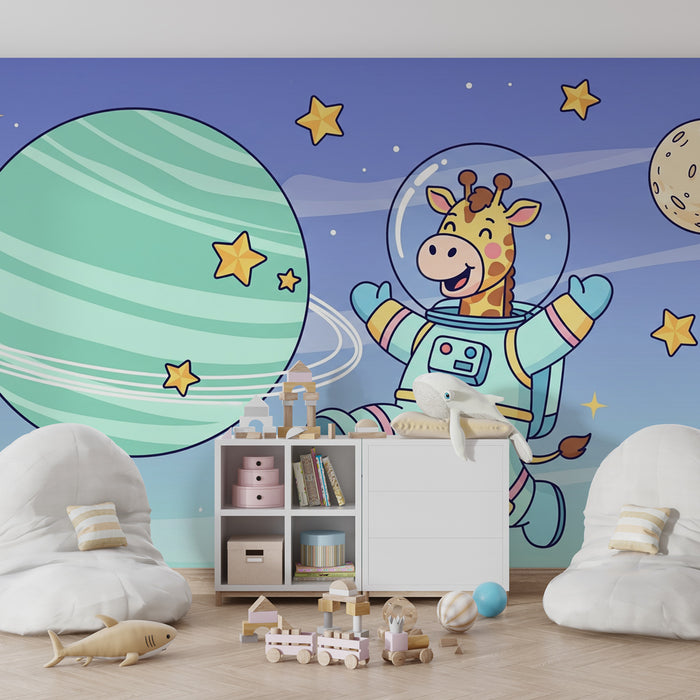 Papier peint chambre enfant | Girafe astronaute et cosmos