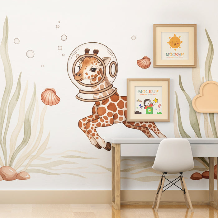 Papier peint chambre enfant | Girafe astronaute sous l'eau