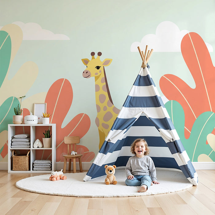 Tapet barnerom | Giraff midt i store fargerike blader