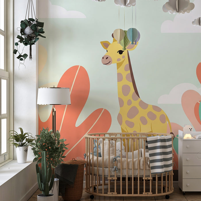 Tapet barnerom | Giraff midt i store fargerike blader