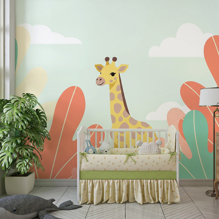 Tapet barnerom | Giraff midt i store fargerike blader