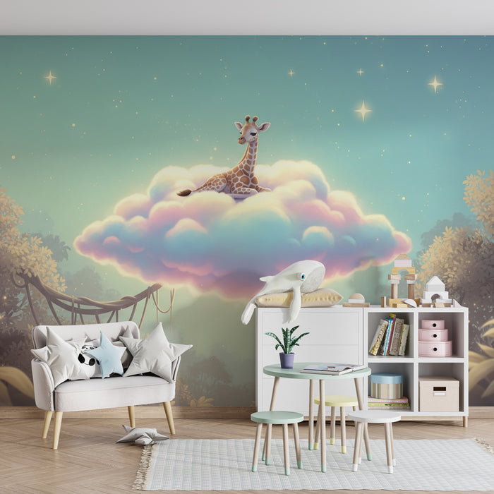 Papier peint chambre enfant | Girafe bienheureuse sur un nuage