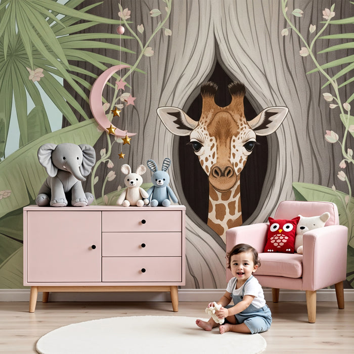 Papier peint chambre enfant | Girafe cachée dans la jungle