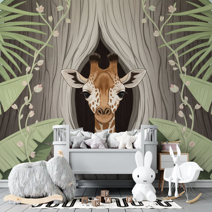 Papier peint chambre enfant | Girafe cachée dans la jungle