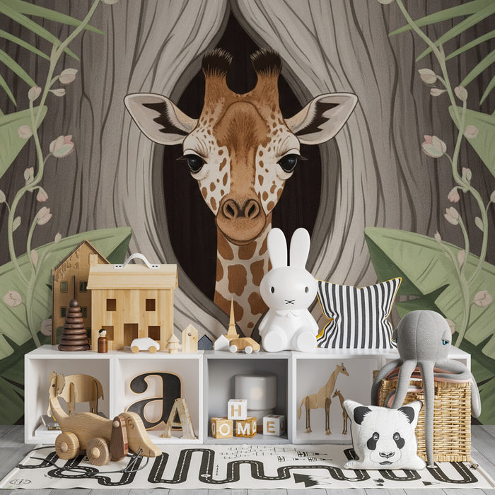 Papier peint chambre enfant | Girafe cachée dans la jungle