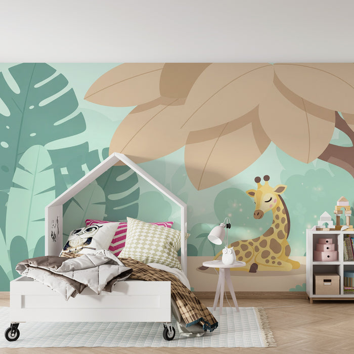 Papier peint chambre enfant | Girafe calme sous le feuillage
