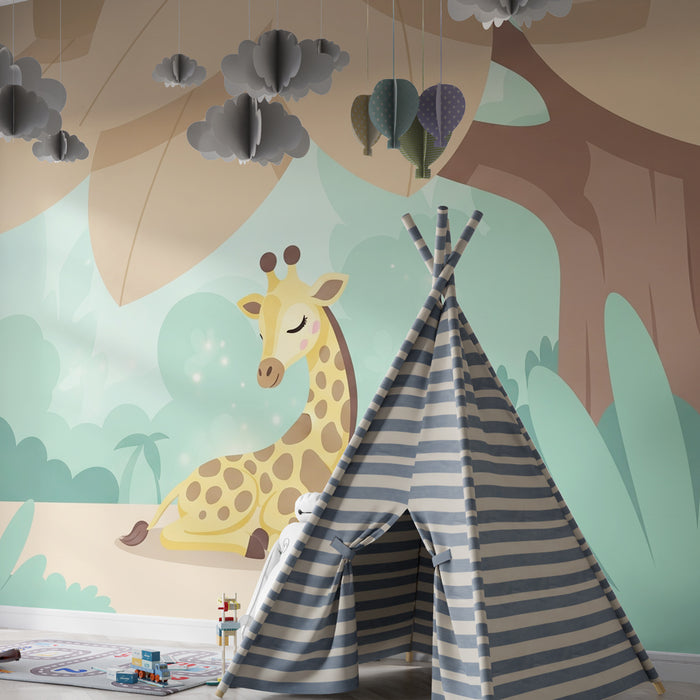 Papier peint chambre enfant | Girafe calme sous le feuillage