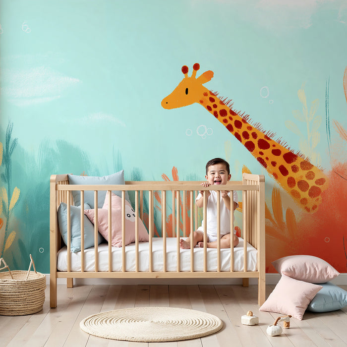 Kinderzimmer Tapete | Buntes Giraffenmuster inmitten lebendiger Blätter