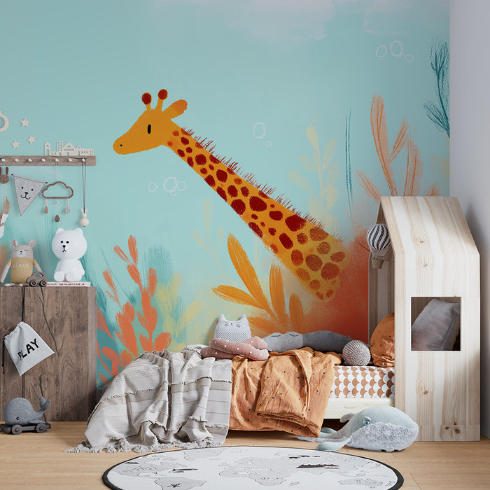 Kinderzimmer Tapete | Buntes Giraffenmuster inmitten lebendiger Blätter