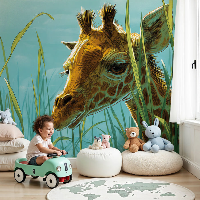 Kinderzimmer Tapete | Neugierige Giraffe mitten im hohen Gras