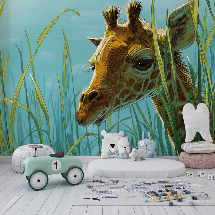 Kinderzimmer Tapete | Neugierige Giraffe mitten im hohen Gras